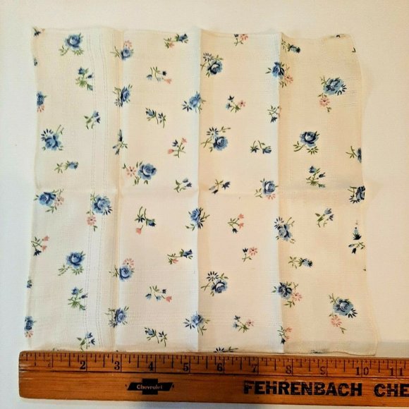 10.5" Square Vintage Hankie Handkerchief Blue Floral Dainty Open Weave - Picture 7 of 10